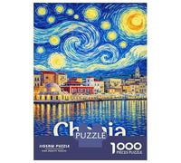 Jigsaws 1000 Pieces for Adults Chania Greece Starry Night Puzzles for Adults Brain Teaser Game Stress Reliever Unique Birthday And Xmas Gifts 52x38cm/1000pcs