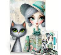 Jigsaws 1000 Pieces for Adults Chic Lady And Tabby Cat Exact Cut Art Cognitive Teaser Toy Relax Time Game Christmas Art Gift (38x26cm)