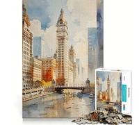 Jigsaws 1000 Pieces for Adults Chicago River Watercolor Clean Fit Decor Brain Exercise Toy Cozy Time Play Birthday Fun Play (50x75cm)