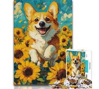 Jigsaws 1000 Pieces for Adults Corgi Sunflower Adult Puzzles,Fun Games Every Piece Is Unique - Challenging Family Fun Game (size 75x50cm)