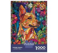 Jigsaws 1000 Pieces for Adults Dog in Flowers Stained Glass Jigsaws for Adults Relax Games Presents for Women Unique Birthday And Xmas Gifts 38x26cm/1000pcs