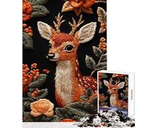 Jigsaws 1000 Pieces for Adults Embroidered Deer with Flowers Shared Joyful Family Experience Wonderful Christmas Surprise Gifts (38x26cm)