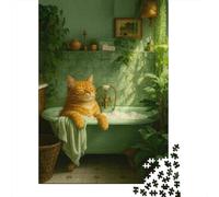 Jigsaws 1000 Pieces for Adults Ginger Cat in Green Bathroom Jigsaw for Adults Relax Games But Fun And Humorous Challenging Game Gifts 38x26cm/1000pcs