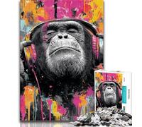 Jigsaws 1000 Pieces for Adults Monkey with Headphones Adult Puzzles,Fun Games Every Piece Is Unique - Challenging Family Fun Game (size 75x50cm)