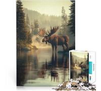 Jigsaws 1000 Pieces for Adults “Moose in Misty Forest” Made of cardboard，for age 14+ Family Fun Interesting Stress Reduction Gifts。size：26x38cm/10.24x14.96inch