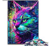 Jigsaws 1000 Pieces for Adults Neon Graffiti Cat Wooden Jigsaw Puzzles size 50x75cm Perfect Home Or Office Decor, Ideal