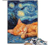 Jigsaws 1000 Pieces for Adults Orange Cat Night Sky Made of Wood, Unique DIY Home Decor Gift Idea 50x75cm Adult & Family Activity, DIY Home Decor Gift