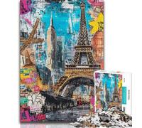 Jigsaws 1000 Pieces for Adults Paris Stamp Collage 1000 Piece Jigsaw,Family Entertainment Toys with Matching Poster And Trivia Sheet 75x50cm