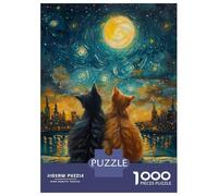 Jigsaws 1000 Pieces for Adults Starry Night Cats In Love Jigsaw for Adults Relax Games But Fun And Humorous Challenging Game Gifts 52x38cm/1000pcs