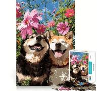 Jigsaws 1000 Pieces for Adults Two Happy Dogs in Flower Garden Flawless Fit Art Mind Game Gift Slow Game Play Christmas Wall Art (38x52cm)