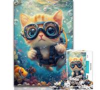 Jigsaws 1000 Pieces for Adults Undersea Diver Cat,Help The Brain Exercise Addictive Toys to Cultivate Patience Gift For Birthdays (38x26cm)