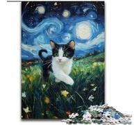 Jigsaws 1000 Pieces for Adults Van Gogh Night Sky Cat Wooden Jigsaw Puzzles 50X75CM Perfect Home Or Office Decor, Ideal