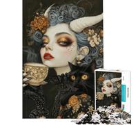 Jigsaws 1000 Pieces for Adults Witchcore Tea Time with Black Cat Familiar Jigsaw for Adults DIY Toys Perfect Decoration Unique Birthday And Xmas Gifts (Size 75x50cm)