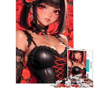 Jigsaws 1000 Pieces for Teenagers Anime Girl in Red Roses Challenging To Complete Learning Educational Family Game for And from 14 Years And over (38x52cm)