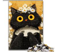Jigsaws 1000 Pieces for Teenagers Black Cat Eating Fish, Family Game Stress Reliever Difficult Challenge Enhance Love between Couples (Size 26x38cm)