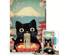 Jigsaws 1000 Pieces for Teenagers Black Cat Eating Ramen with Mount Fuji Sharp Cut Craft Logic Puzzle Play Idle Time Game Christmas Calm Gift (38x52cm)