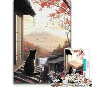 Jigsaws 1000 Pieces for Teenagers Black Cat Gazing at Mount Fuji Unique Challenge Game Learning Educational Art Work Gift (size 38x52cm)