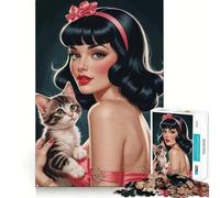 Jigsaws 1000 Pieces for Teenagers Brunette Pin-up with Cute Kitten Neat Joint Decor Mind Exercise Toy Rest Time Game Christmas Fun Gift (38x52cm)