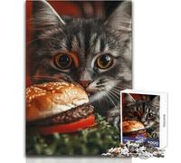 Jigsaws 1000 Pieces for Teenagers Cat Craving Burger Calm Enjoyable Spare Time Fun Tight Seamless Precision Toy Size 38x52cm