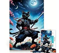 Jigsaws 1000 Pieces for Teenagers Cat Samurai Japan Moon Premium Cut Fun Focus Fun Game Easy Time Play Xmas Art Display (38x52cm)