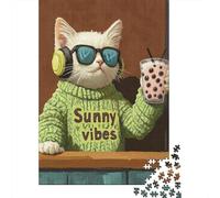 Jigsaws 1000 Pieces for Teenagers Chill Cat with Bubble Tea Jigsaw Toy Wall Decor Staycation Kill Time Gifts for Friends And Family 70x50cm/1000pcs