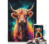 Jigsaws 1000 Pieces for Teenagers Colorful Highland Cow Neon, Impossible Game, Difficult And Challenge, Unique Birthday And Xmas Gifts 38x26cm