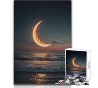 Jigsaws 1000 Pieces for Teenagers Crescent Moon Over Ocean at Dusk Calm Enjoyable Spare Time Fun Tight Seamless Precision Toy Size 38x26cm