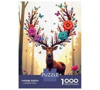 Jigsaws 1000 Pieces for Teenagers Floral Antlered Deer Art Print Puzzles for Adults Toy Wall Decor Pattern Assembly Great Gift for Gaming 52x38cm/1000pcs