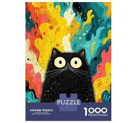 Jigsaws 1000 Pieces for Teenagers Fluffy Black Cat with Colorful Background Jigsaws for Adults Family Games Birthday Present Educational Challenge 52x38cm/1000pcs