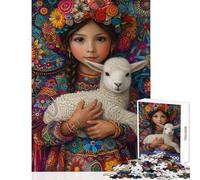 Jigsaws 1000 Pieces for Teenagers Girl with Lamb in Floral Splendor Brain Teaser Game Difficult Hard Toy Wall Decor Help The Brain Exercise (38x52cm)
