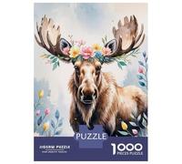 Jigsaws 1000 Pieces for Teenagers Moose with Floral Crown Watercolor Jigsaws for Adults Brain Teaser Game A Work of Art Great Gift for Gaming 52x38cm/1000pcs