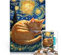 Jigsaws 1000 Pieces for teenagers Orange Tabby Cat Sleeping in Starry Night Schwierig Schwer Wanddekoration75x50cm