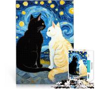Jigsaws 1000 Pieces for teenagers Starry Night Romantic Black Cat and White Cat Lernspielzeug Geschenkideen38x26cm