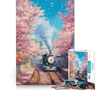 Jigsaws 1000 Pieces for Teenagers Train Through Cherry Blossoms Neat Joint Decor Mind Exercise Toy Rest Time Game Christmas Fun Gift(38x26cm)
