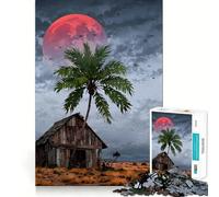 Jigsaws 1000 Pieces for Teenagers Tropical Hut Under A Blood Moon Neat Joint Decor Mind Exercise Toy Rest Time Game Christmas Fun Gift (50x75cm)