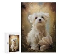 Jigsaws 300 PCS for Adults Maltese Dog Puppy with Flowers Puzzles for Adults Hands-on Game Presents for Women Fun Activities at Home 300 PCS