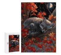 Jigsaws 300 PCS for Teenagerss Sleeping Fox in Floral Night Scene Jigsaw Puzzle Brain Teaser Game Stress Reliever Challenging To Complete 300 PCS