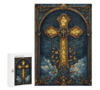 Jigsaws 300 PCS for Teenagerss Stained Glass Golden Cross Jigsaw Puzzle Brain Teaser Game Stress Reliever Challenging To Complete 300 PCS