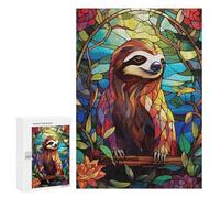 Jigsaws 300 PCS for Teenagerss Stained Glass Sloth in Floral Frame Jigsaw Puzzle Brain Teaser Game Stress Reliever Challenging To Complete 300 PCS