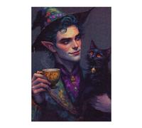 Jigsaws 38x26cm/1000pcs for Teenagerss Elf Wizard with Black Cat And Tea Puzzles for Adults Relaxing Games Difficult Hard Gifts for Friends And Family 38x26cm/1000pcs