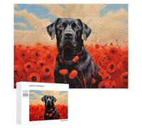 Jigsaws 500 PCS for Adults Black Lab in Poppies Puzzles for Adults Hands-on Game Presents for Women Fun Activities at Home 500 PCS