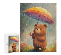 Jigsaws 500 PCS for Adults Cute Bear with Umbrella in Rain Adult Jigsaw Puzzle Brain Teaser Game A Work of Art Fun at Home Activities, 500 PCS