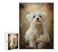 Jigsaws 500 PCS for Adults Maltese Dog Puppy with Flowers Puzzles for Adults Hands-on Game Presents for Women Fun Activities at Home 500 PCS