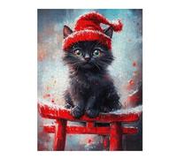 Jigsaws 500 PCS for Teenagerss Black Cat in Red Hat Jigsaw for Adults Brain Teaser Game Analysis And Logic Gifts for Friends And Family 500 PCS