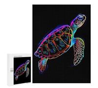 Jigsaws 500 PCS for Teenagerss Neon Turtle on Black Background Jigsaw Puzzle Brain Teaser Game Stress Reliever Challenging To Complete 500 PCS