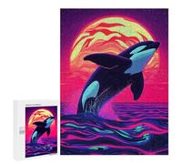 Jigsaws 500 PCS for Teenagerss Orca Leaping Neon Sunset Jigsaw Puzzle Brain Teaser Game Stress Reliever Challenging To Complete 500 PCS
