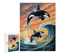 Jigsaws 500 PCS for Teenagerss Orcas Jumping at Sunset Jigsaw Puzzle Brain Teaser Game Stress Reliever Challenging To Complete 500 PCS