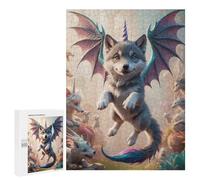 Jigsaws 500 PCS for Teenagerss Unicorn Wolf Pup with Dragon Wings Jigsaw Puzzle Brain Teaser Game Stress Reliever Challenging To Complete 500 PCS