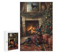 Jigsaws for Adults1000 PCS Doberman in Festive Sweater Dog Christmas Portrait by Fireplace Jigsaw for Adults Toy Wall Decor Presents for Women Help The Brain Exercise 1000 PCS