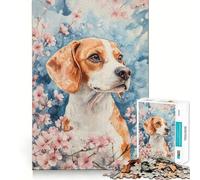 Jigsaws for Adults1000 Pieces Beagle Dog with Cherry Blossoms Watercolor Clean Fit Decor Thinking Fun Game Cozy Time Play Birthday Hobby Gift (50x75cm)